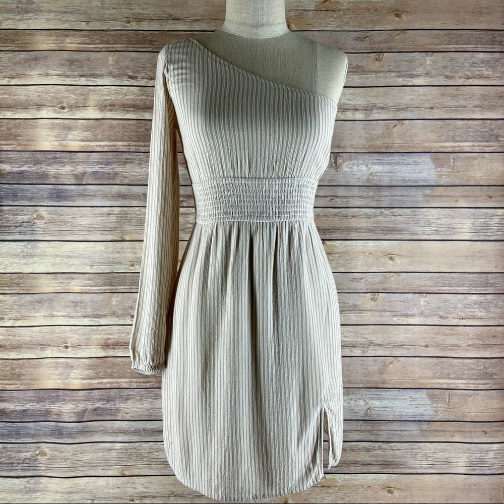 Abercrombie & Fitch Striped Single Sleeve Off The Shoulder Tan White Mini Dress